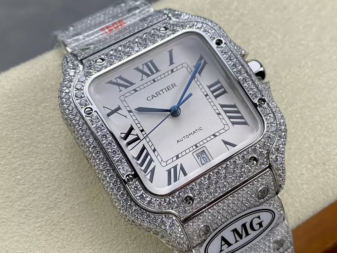 ساعات سانتوس دي كارتييه الماسية بمينا أبيض وفضي 1:1 أفضل إصدار من مصنع AMG وأحجار سواروفسكي