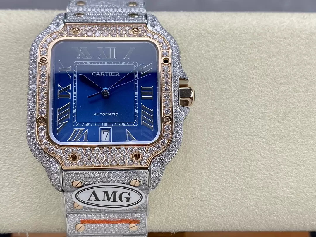 ساعات سانتوس دي كارتييه الماسية بمينا زرقاء 1:1 أفضل إصدار من مصنع AMG مرصعة بأحجار سواروفسكي