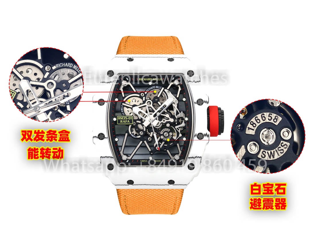 Richard Mille RM35-01 Carbono Branco 1:1 Melhor Clone BBR Factory V2 Alça de Velcro Amarela
