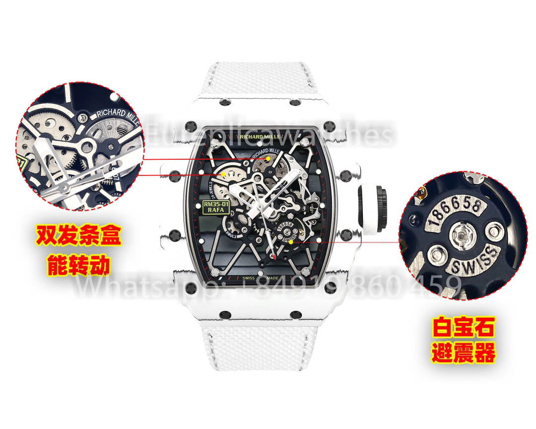 Richard Mille RM35-01 Carbono Branco 1:1 Melhor Clone BBR Factory V2 Cinta de Velcro Branca