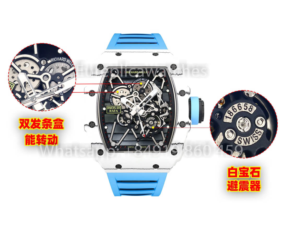 Richard Mille RM35-01 Carbono Branco 1:1 Melhor Clone BBR Factory V2 Pulseira de Borracha Azul