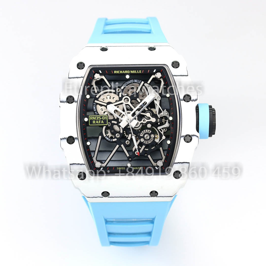 Richard Mille RM35-01 Carbono Branco 1:1 Melhor Clone BBR Factory V2 Pulseira de Borracha Azul