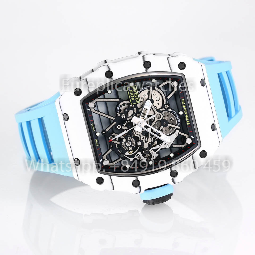 Richard Mille RM35-01 Carbono Branco 1:1 Melhor Clone BBR Factory V2 Pulseira de Borracha Azul