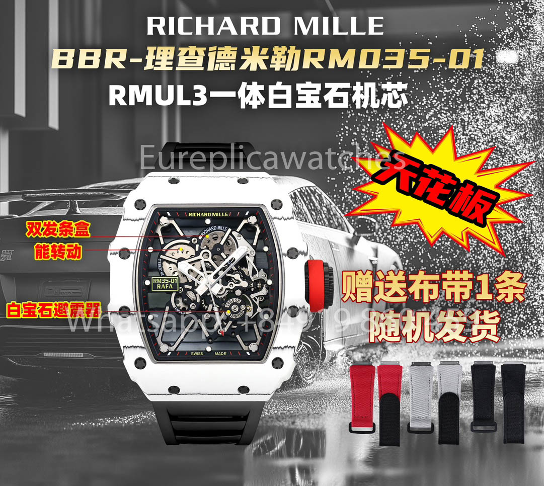 Richard Mille RM35-01 Caixa de carbono branco 1:1 Best Clone BBR Factory V2 Pulseira de borracha preta