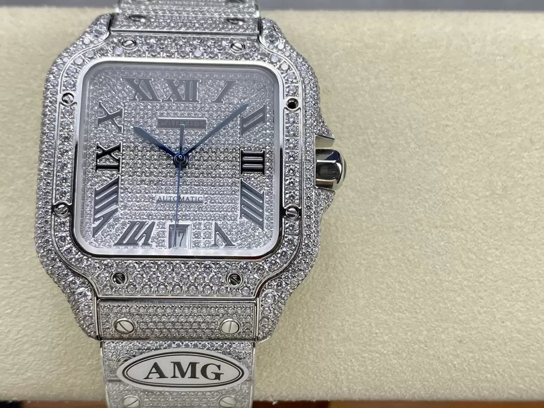 Santos De Cartier Diamante Numérico Mostrador Prata 1:1 Melhor Edição AMG Fábrica Pedra Swarovski