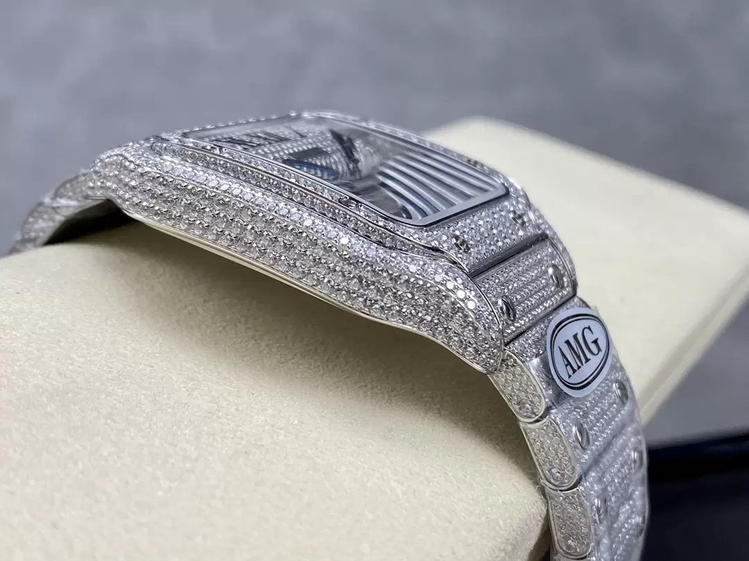 Santos De Cartier Diamante Numérico Mostrador Prata 1:1 Melhor Edição AMG Fábrica Pedra Swarovski