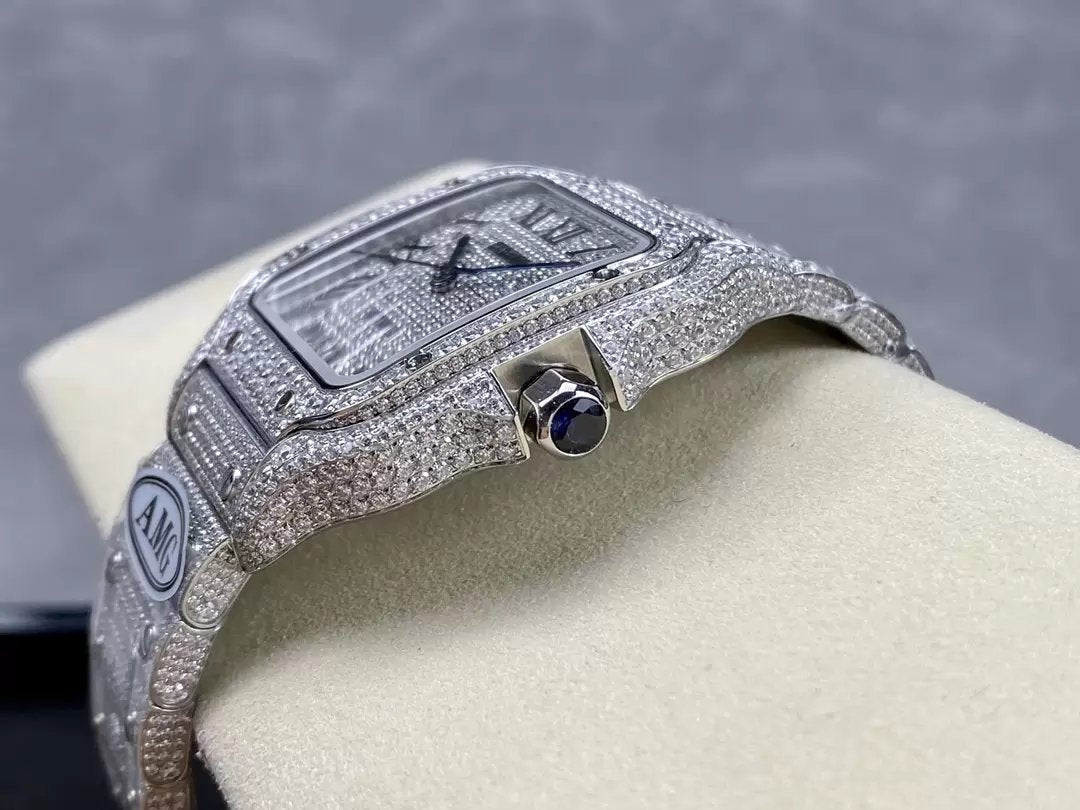Santos De Cartier Diamante Numérico Mostrador Prata 1:1 Melhor Edição AMG Fábrica Pedra Swarovski