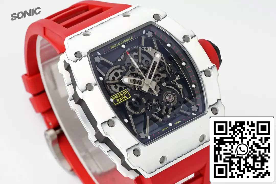 Richard Mille RM35-01 Sonic Factory 1:1 Best Edition Branco Carbono NTPT Pulseira de Borracha Vermelha