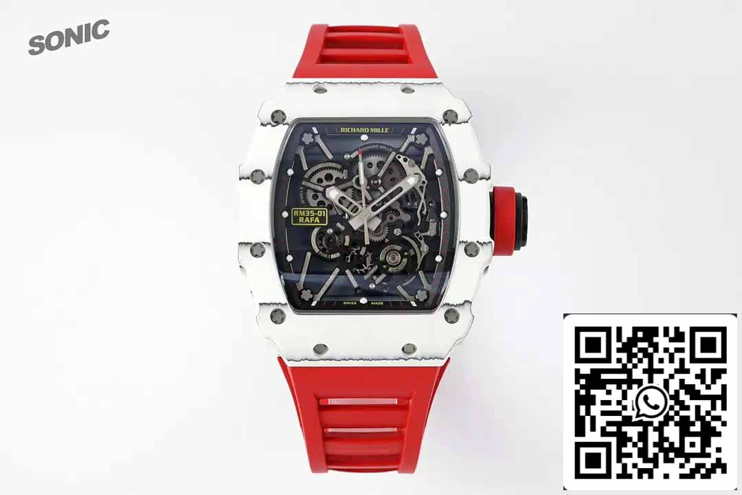 Richard Mille RM35-01 Sonic Factory 1:1 Best Edition Branco Carbono NTPT Pulseira de Borracha Vermelha