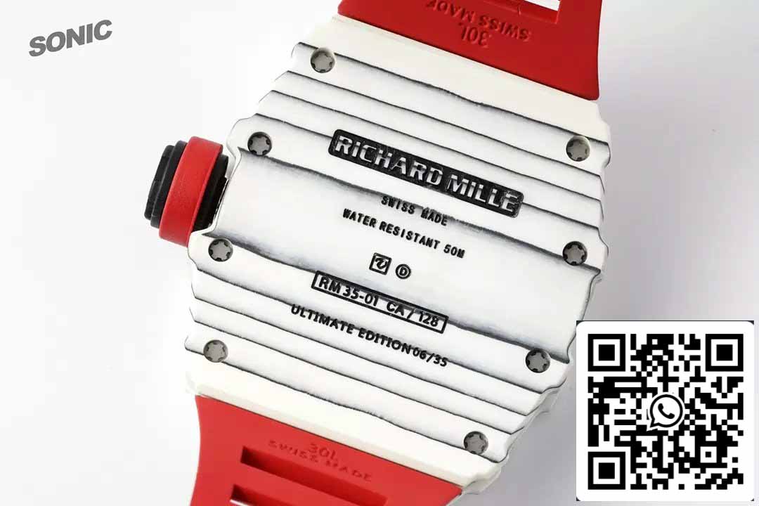 Richard Mille RM35-01 Sonic Factory 1:1 Best Edition Branco Carbono NTPT Pulseira de Borracha Vermelha