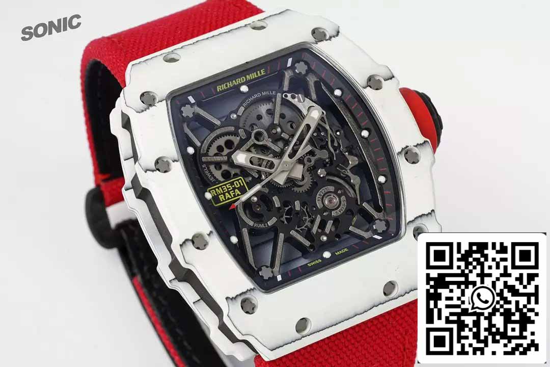 Richard Mille RM35-01 Sonic Factory 1:1 Best Edition Branco Carbono NTPT Vermelho Velcro Strap