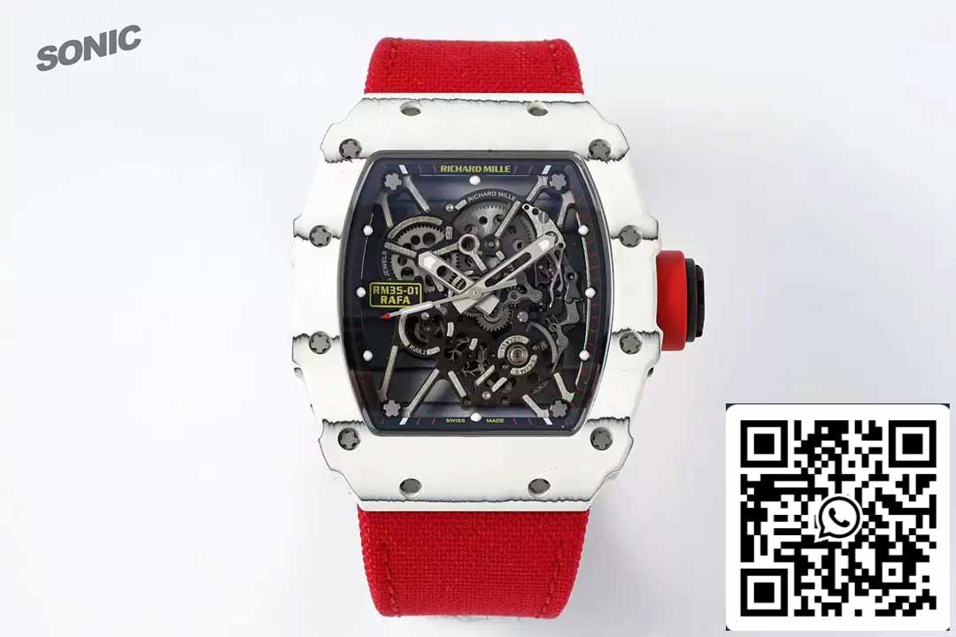 Richard Mille RM35-01 Sonic Factory 1:1 Best Edition Branco Carbono NTPT Vermelho Velcro Strap