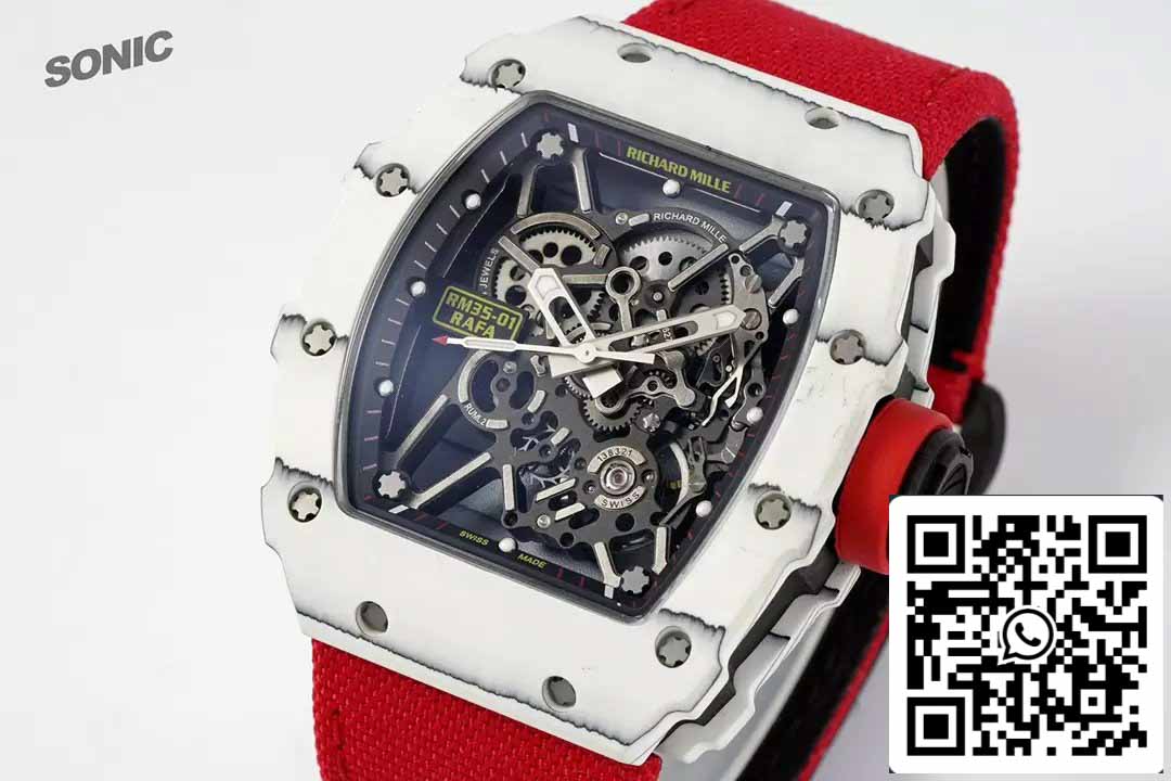 Richard Mille RM35-01 Sonic Factory 1:1 Best Edition Branco Carbono NTPT Vermelho Velcro Strap