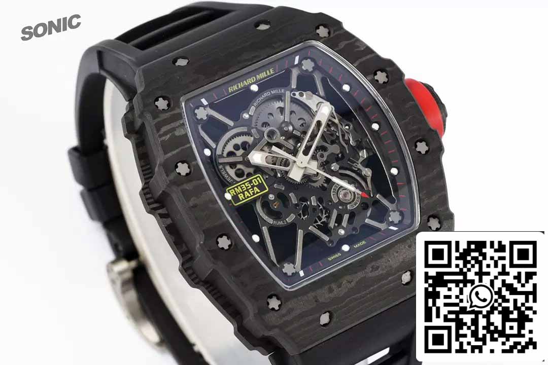 Richard Mille RM35-01 Sonic Factory 1:1 Best Edition Preto Carbono NTPT Pulseira de Borracha Preta