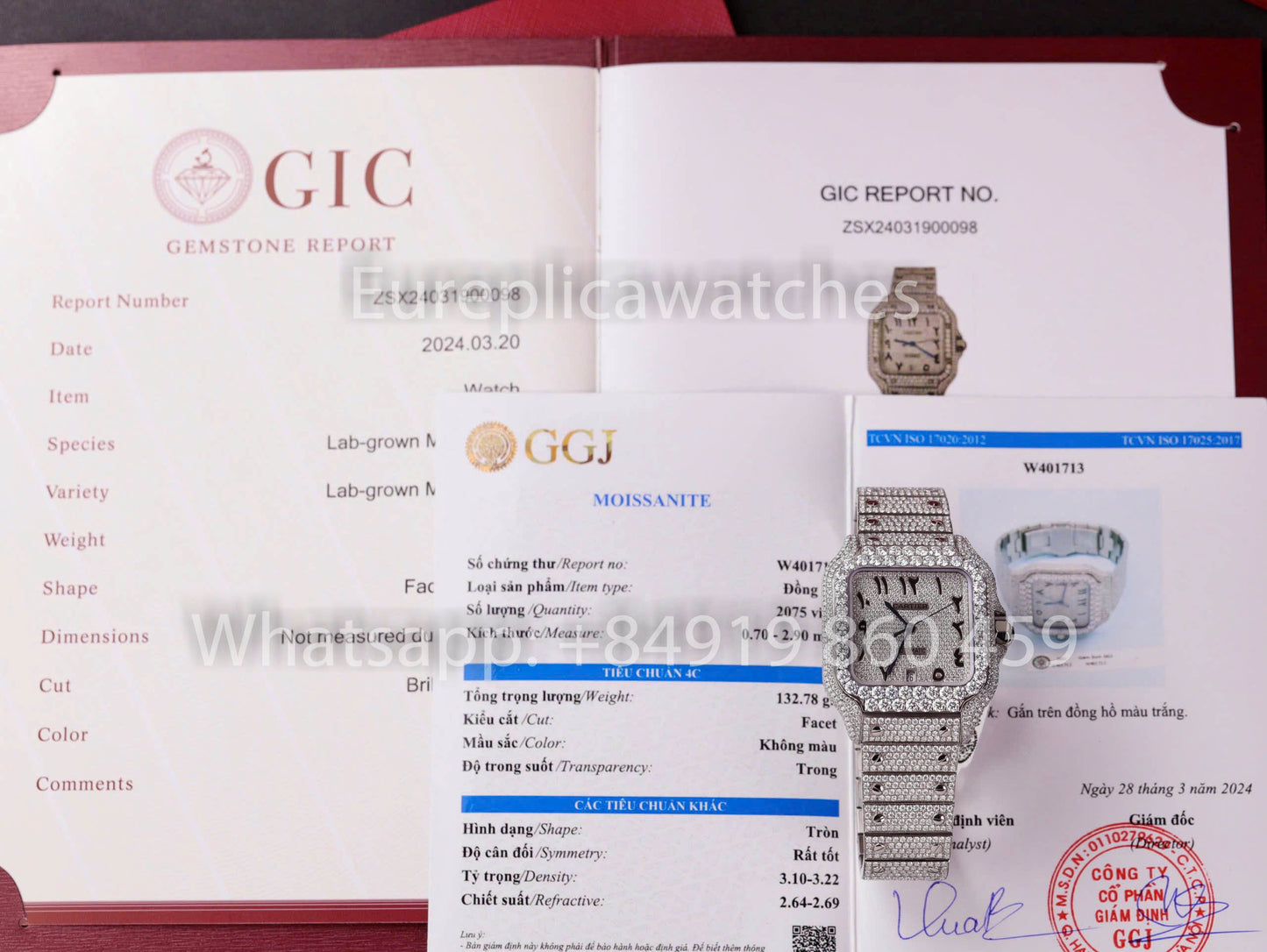 Relógio Santos De Cartier Moissanite Iced Out Mostrador Quadrado 1:1 Melhor Clone