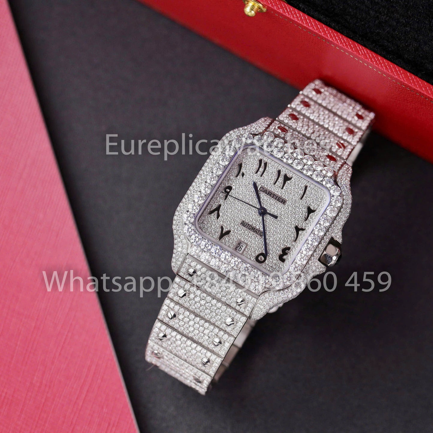 Relógio Santos De Cartier Moissanite Iced Out Mostrador Quadrado 1:1 Melhor Clone