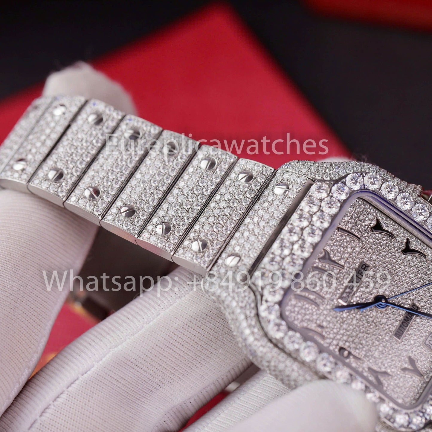 Relógio Santos De Cartier Moissanite Iced Out Mostrador Quadrado 1:1 Melhor Clone