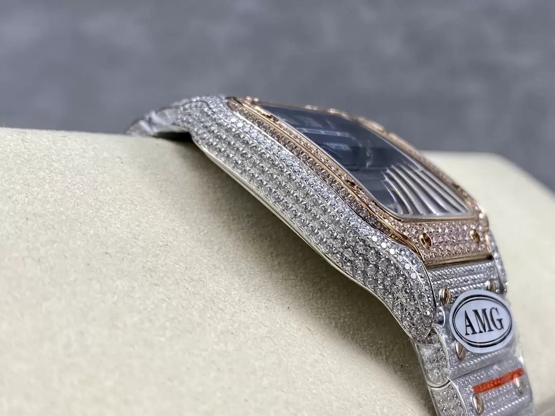 ساعات سانتوس دي كارتييه الماسية بمينا زرقاء 1:1 أفضل إصدار من مصنع AMG مرصعة بأحجار سواروفسكي