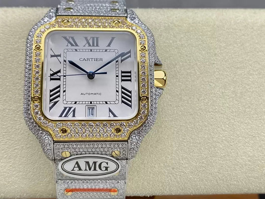 ساعات سانتوس دي كارتييه الماسية بمينا أبيض وذهبي 1:1 أفضل إصدار من مصنع AMG وأحجار سواروفسكي