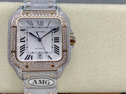 ساعات سانتوس دي كارتييه الماسية بمينا بيضاء 1:1 أفضل إصدار من مصنع AMG مرصعة بأحجار سواروفسكي