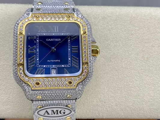 ساعات سانتوس دي كارتييه الماسية بمينا أزرق وذهبي 1:1 أفضل إصدار من مصنع AMG وأحجار سواروفسكي