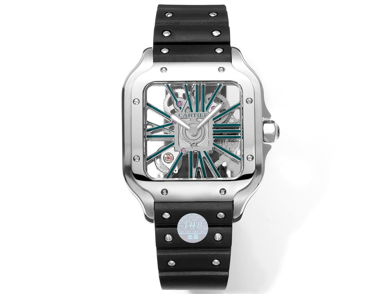 Cartier santos Skeleton 40mm THB Factory 1:1 Best Edition Caixa branca e pulseira preta