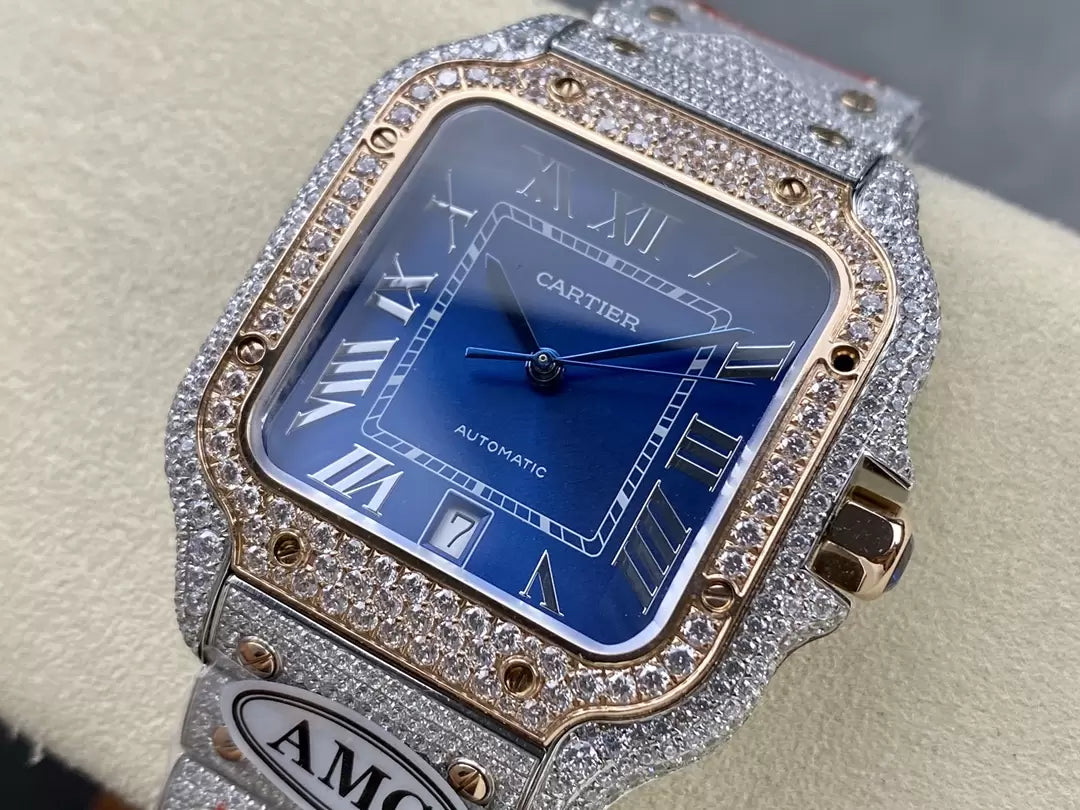 ساعات سانتوس دي كارتييه الماسية بمينا زرقاء 1:1 أفضل إصدار من مصنع AMG مرصعة بأحجار سواروفسكي