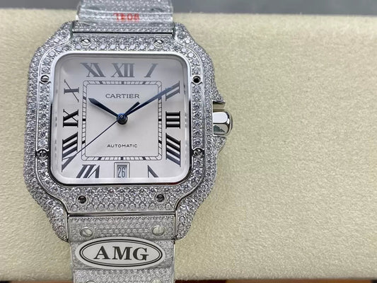 ساعات سانتوس دي كارتييه الماسية بمينا أبيض وفضي 1:1 أفضل إصدار من مصنع AMG وأحجار سواروفسكي