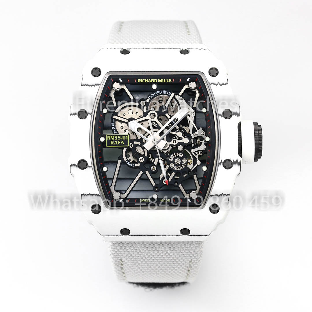 Richard Mille RM35-01 Carbono Branco 1:1 Melhor Clone BBR Factory V2 Cinta de Velcro Branca