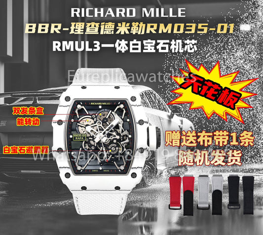 Richard Mille RM35-01 Carbono Branco 1:1 Melhor Clone BBR Factory V2 Cinta de Velcro Branca