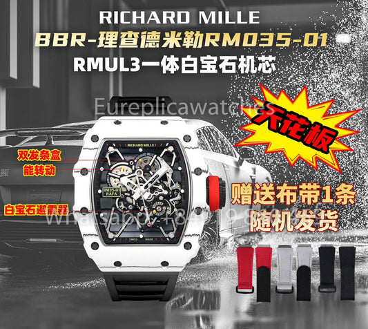 Richard Mille RM35-01 Caixa de carbono branco 1:1 Best Clone BBR Factory V2 Pulseira de borracha preta