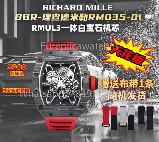 Richard Mille RM35-01 NTPT Carbon 1:1 Melhor Clone BBR Factory V2 Pulseira de borracha vermelha