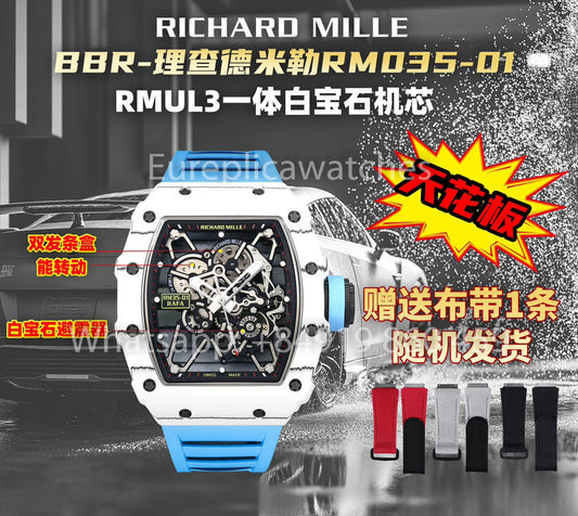 Richard Mille RM35-01 Carbono Branco 1:1 Melhor Clone BBR Factory V2 Pulseira de Borracha Azul