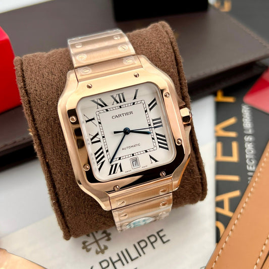 Cartier De Santos Caixa de aço inoxidável BV Factory 1:1 Melhor edição Mostrador branco Ouro rosa versão mais recente