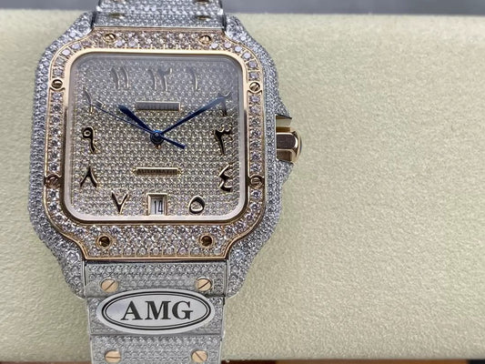 ساعات سانتوس دي كارتييه الماسية الرقمية بميناء من الذهب الوردي 1:1 أفضل إصدار من مصنع AMG وأحجار سواروفسكي