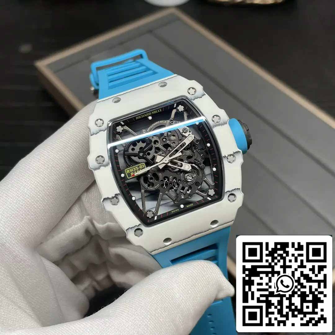 Richard Mille RM35-01 Sonic Factory 1:1 Best Edition Branco Carbono NTPT Azul Pulseira de Borracha